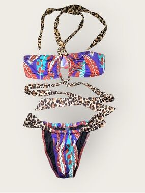 Victoria Secret Colorful Tropical Bandeau Bikini Top (M) Leopard Tie bottoms (S)